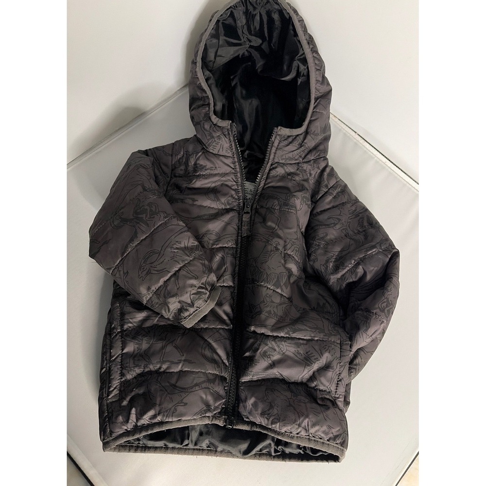 Carters Toddler Boy 3T Gray Dinosaur Puffer Jacket Hooded Full Zip Outerwear